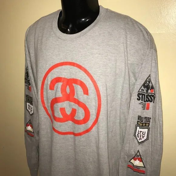 Men's Stussy Logos Long Sleeve Gray T-shirt -Size: XL - Picture 8 of 10